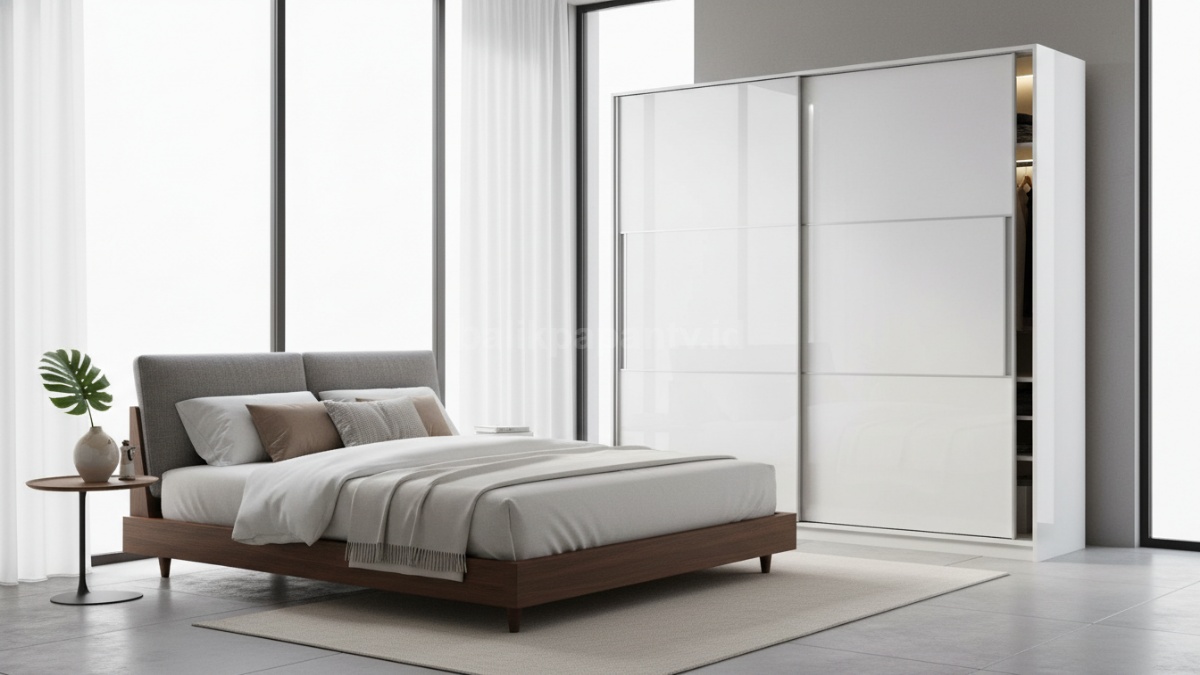 Lemari minimalis finishing glossy membuat tampilan kamar makin elegan dan cerah