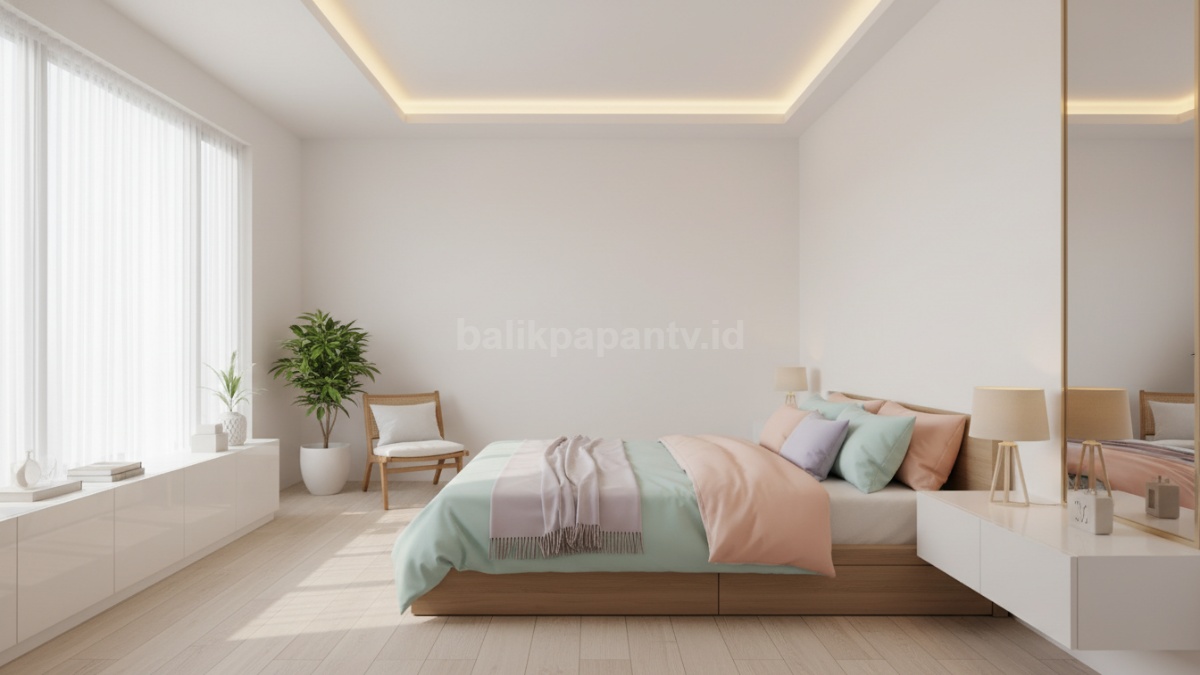lampu LED strip di langit-langit atau lampu meja minimalis membuat ruang terasa mewah tanpa bikin sesak