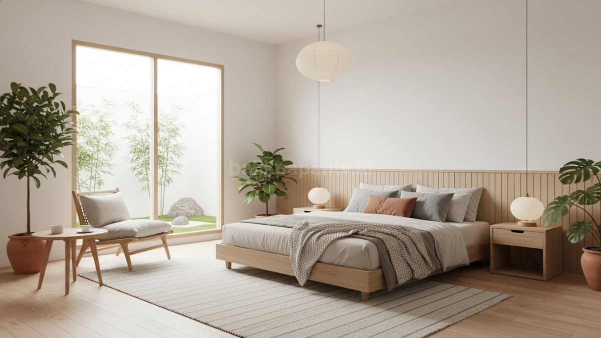 Kamar Japandi menenangkan dengan minimal dekorasi.