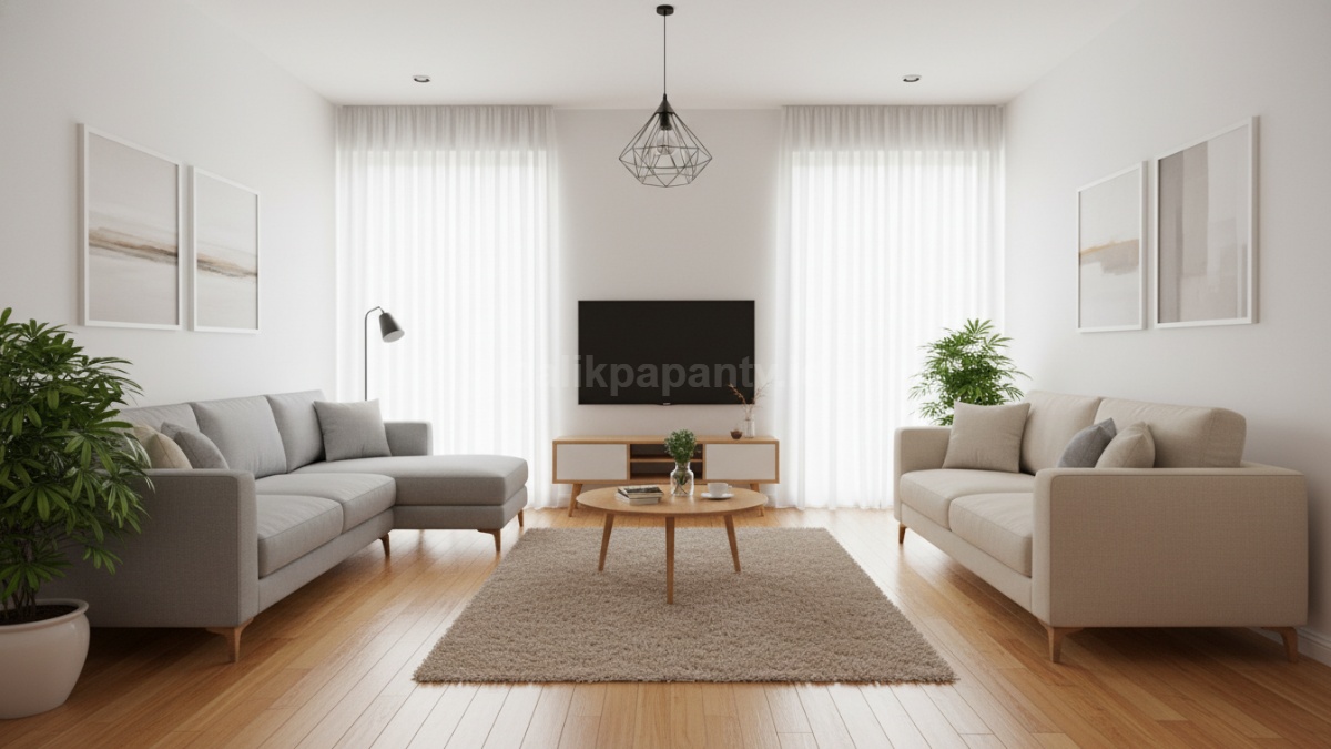 Sofa minimalis di ruang tamu yang menyatu dengan ruang keluarga, terlihat lapang dan stylish.