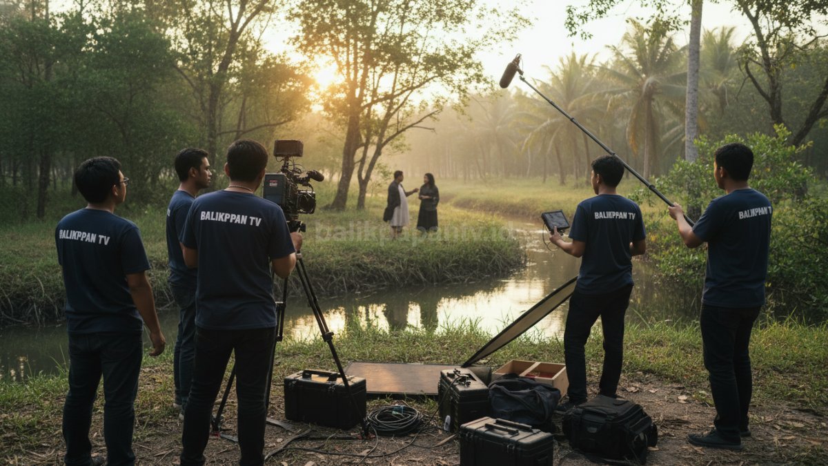 Proses syuting film indie cinematic dengan kru kecil dan kamera profesional di lokasi outdoor