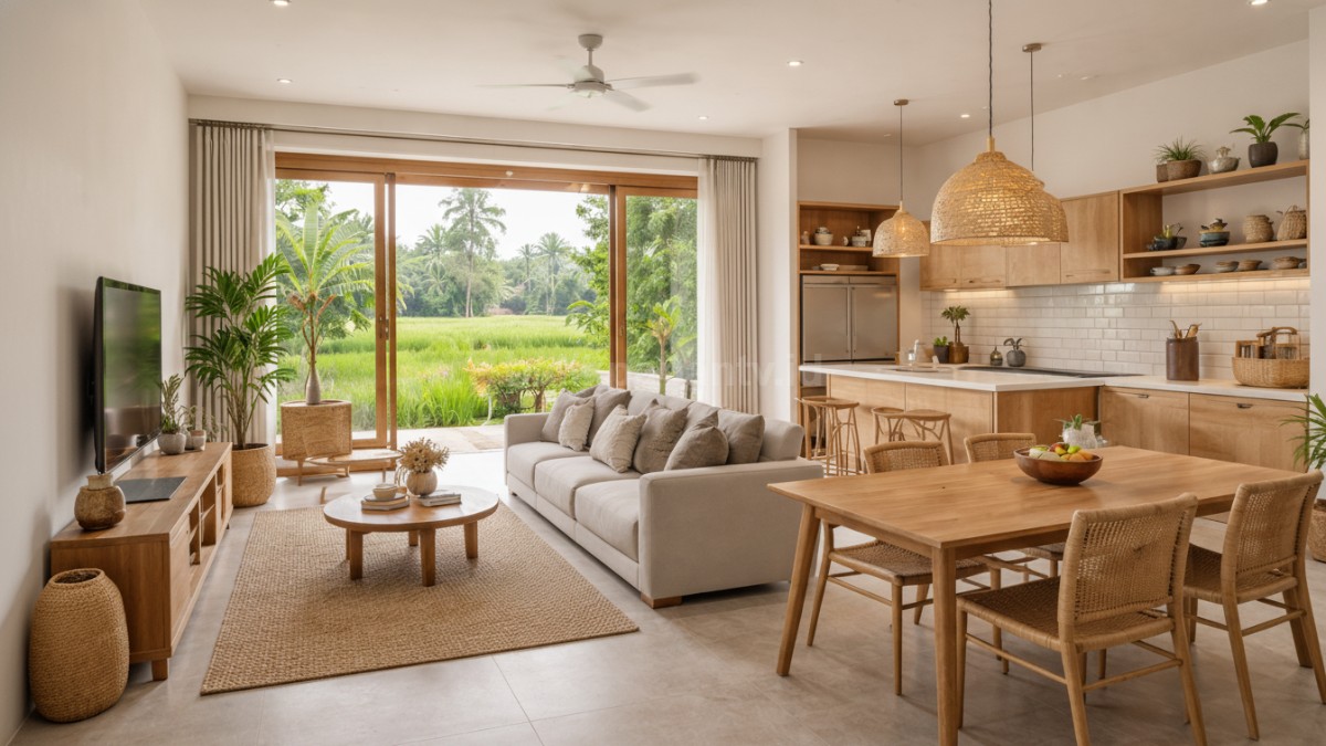 Rumah minimalis tipe satu lantai dengan denah terbuka di desa.