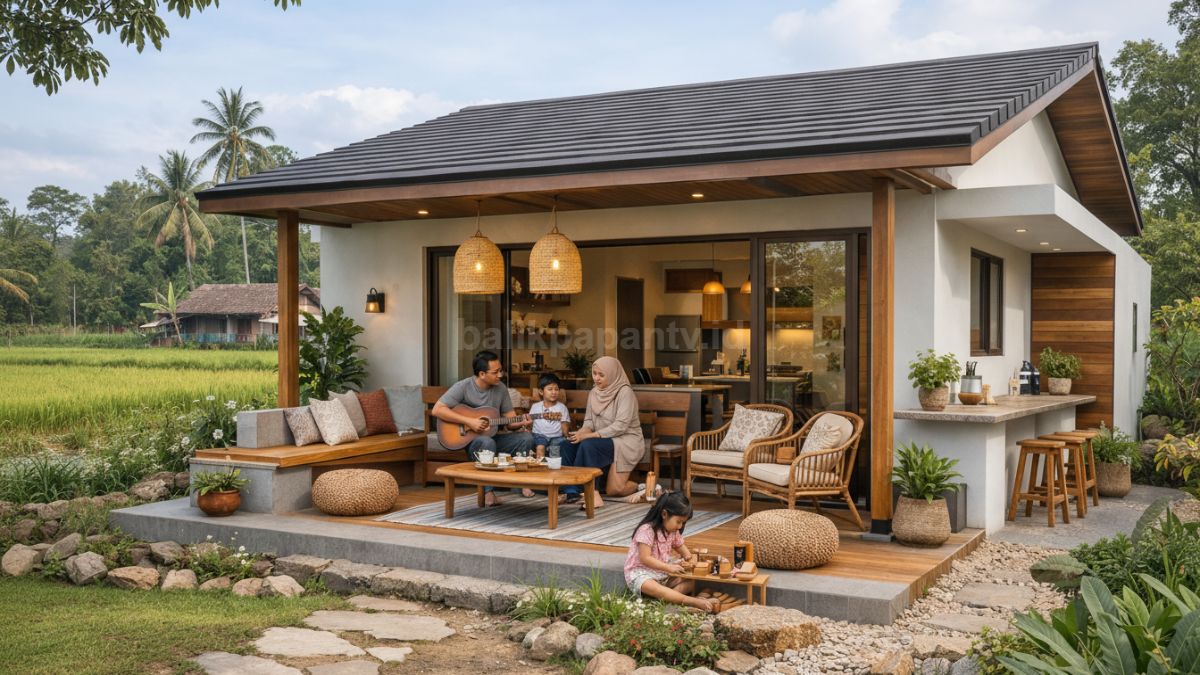 Rumah minimalis dengan teras multifungsi di desa.