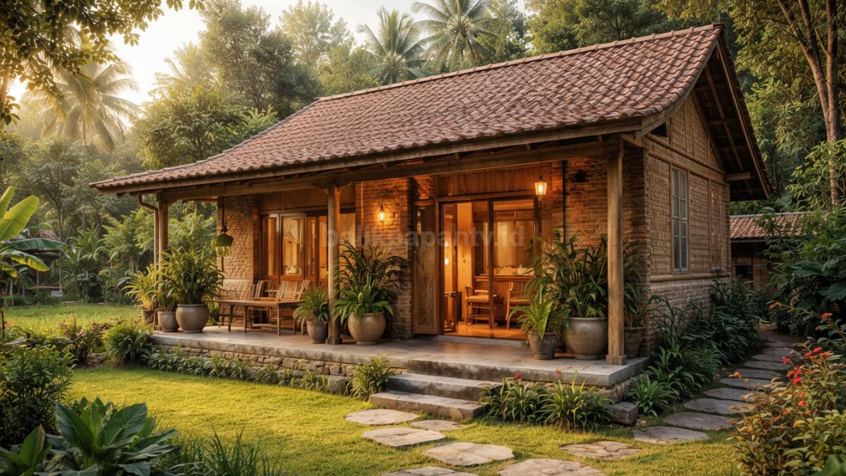 Rumah minimalis dengan material lokal di desa.