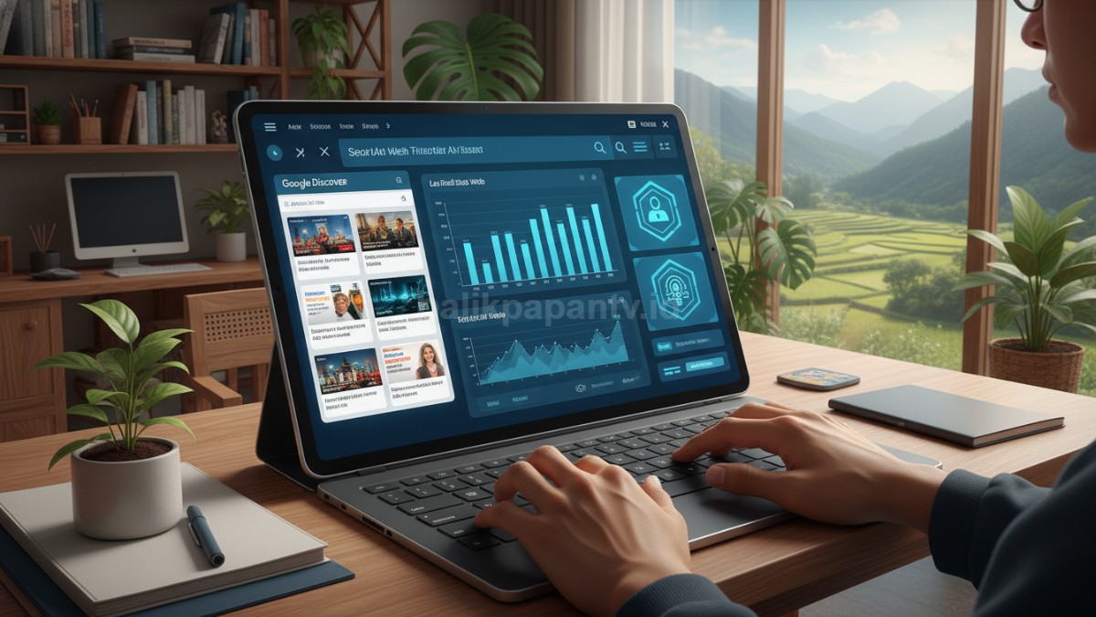 Ilustrasi penggunaan AI untuk menulis artikel digital dengan tampilan dashboard analytics dan Google Discover