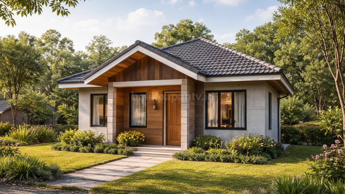 Rumah minimalis kombinasi beton dan kayu di desa. 