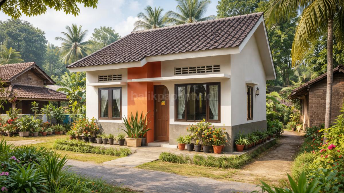 Rumah minimalis dengan ventilasi silang di desa. 