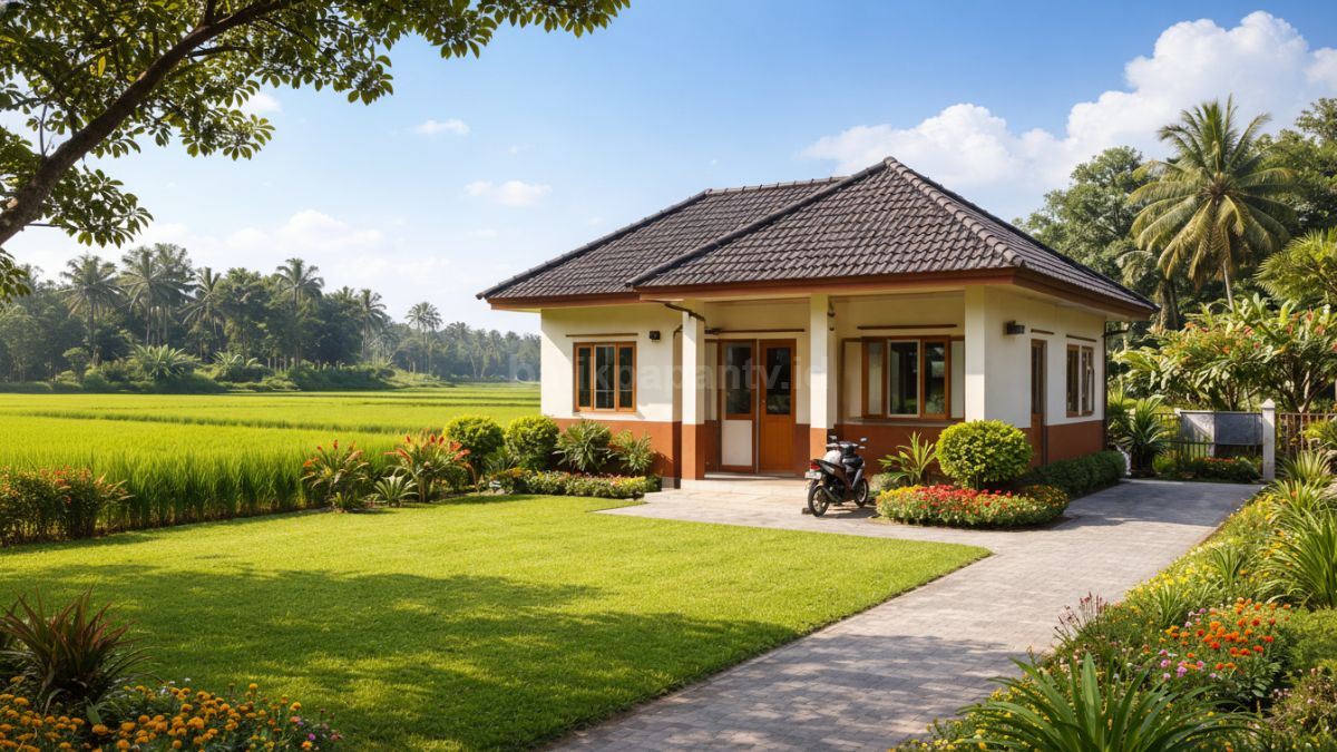 Rumah minimalis dengan halaman luas di desa.