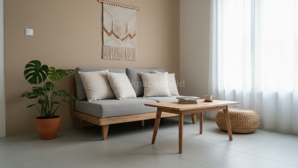 Contoh ukuran kecil sudut santai dengan furnitur sederhana dan hemat biaya