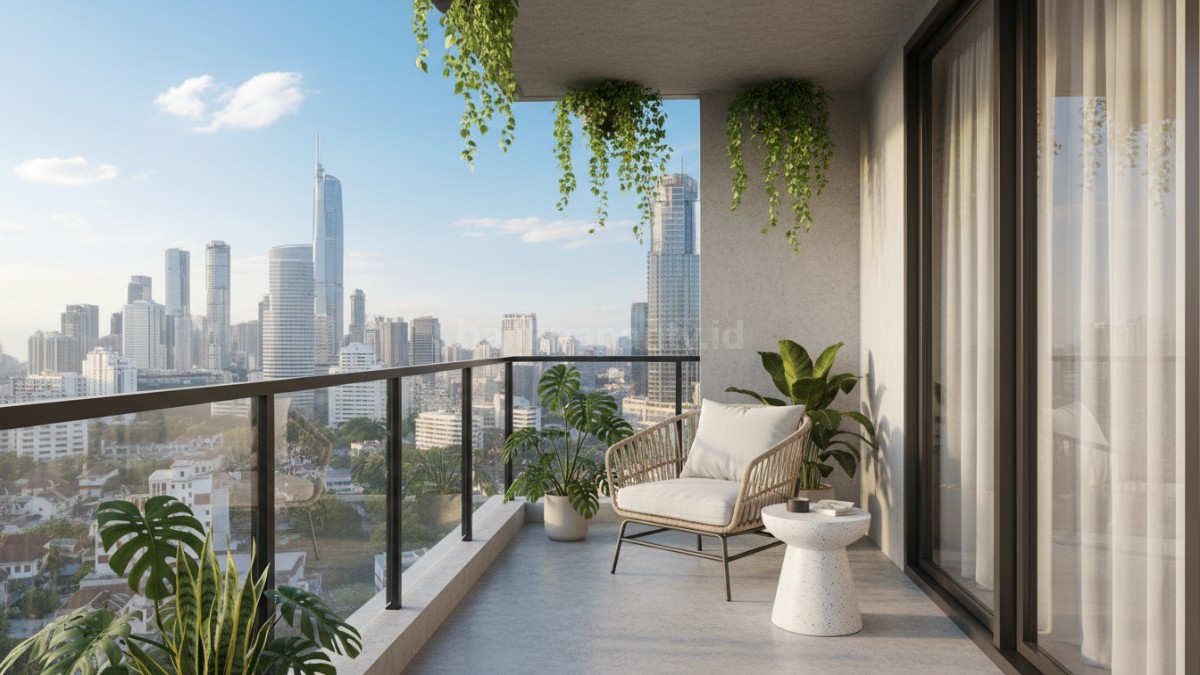 Balkon minimalis dengan kursi santai dan tanaman hijau menciptakan suasana nyaman untuk bersantai