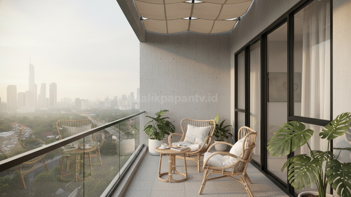 Balkon kecil dimanfaatkan sebagai ruang santai dengan pencahayaan alami