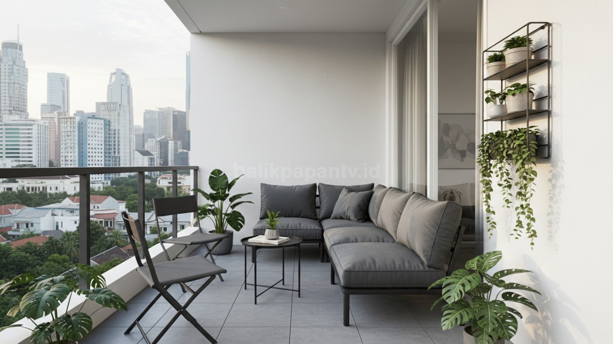 Contoh ukuran balkon minimalis dengan furnitur hemat ruang 