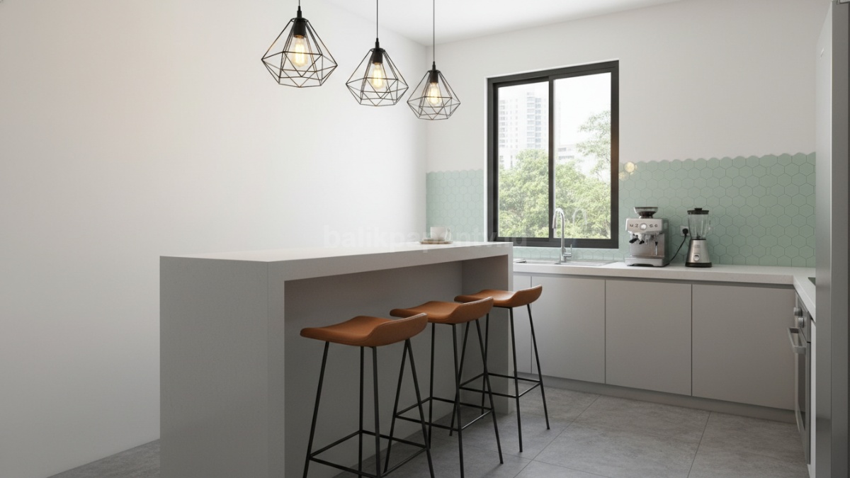 Mini bar minimalis di dapur kecil dengan stool dan lampu gantung estetik