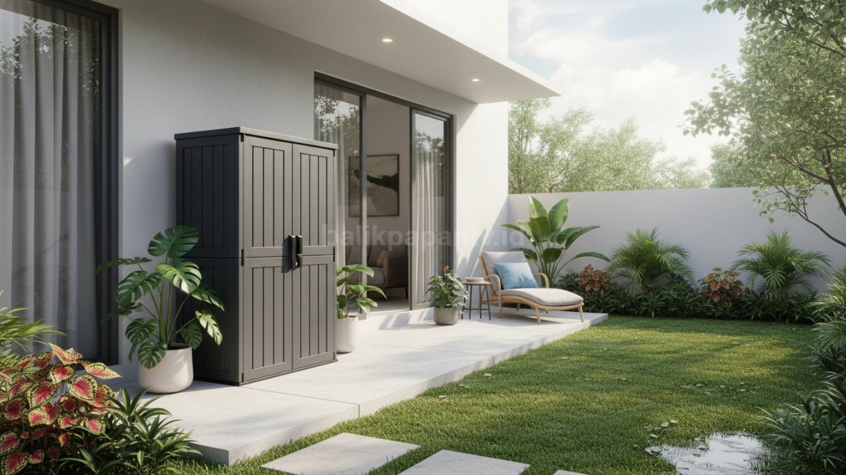 Lemari resin outdoor modern tahan cuaca ditempatkan di halaman rumah minimalis
