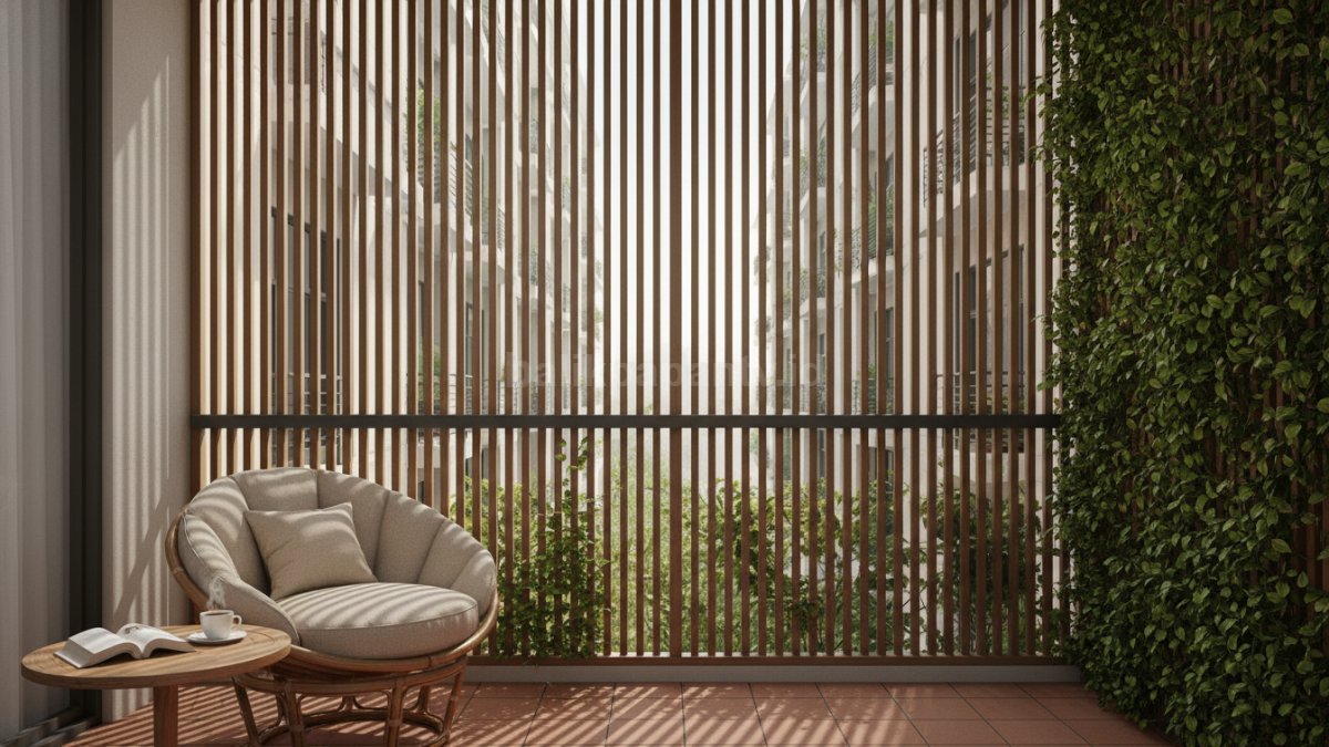 Balkon rumah modern dengan penutup semi transparan yang menjaga privasi tanpa menghalangi cahaya