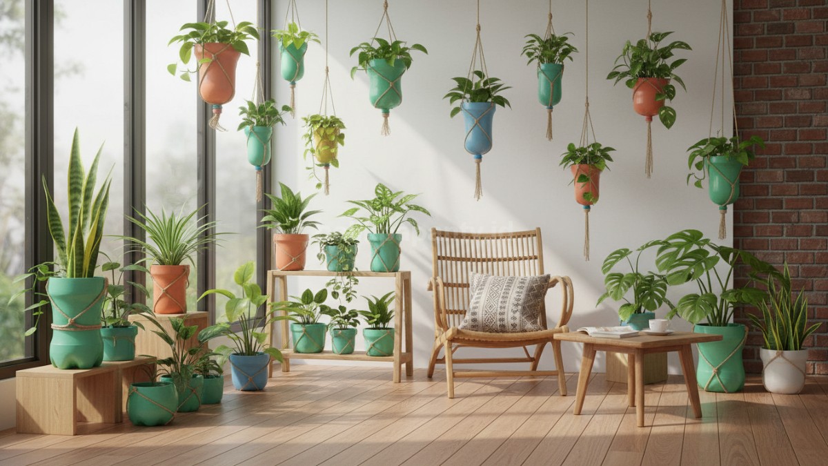 Pot tanaman dari botol bekas dengan desain kreatif menghiasi sudut rumah modern