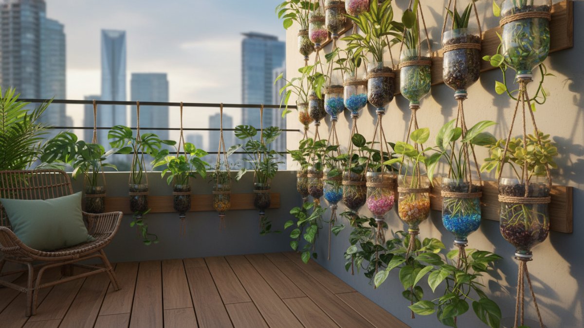 Botol bekas dijadikan pot gantung di area balkon minimalis