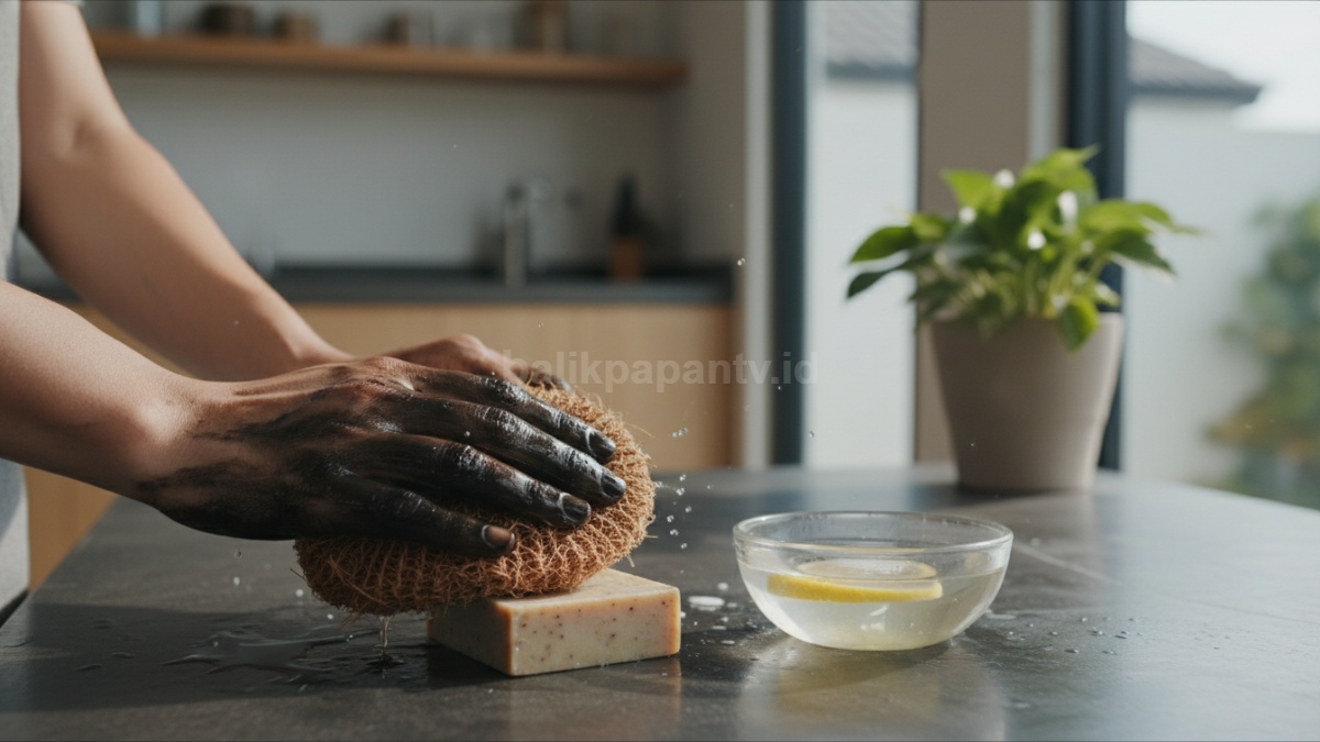 Tangan penuh noda oli hitam dibersihkan dengan bahan sederhana, solusi praktis untuk aktivitas harian di rumah dan bengkel 