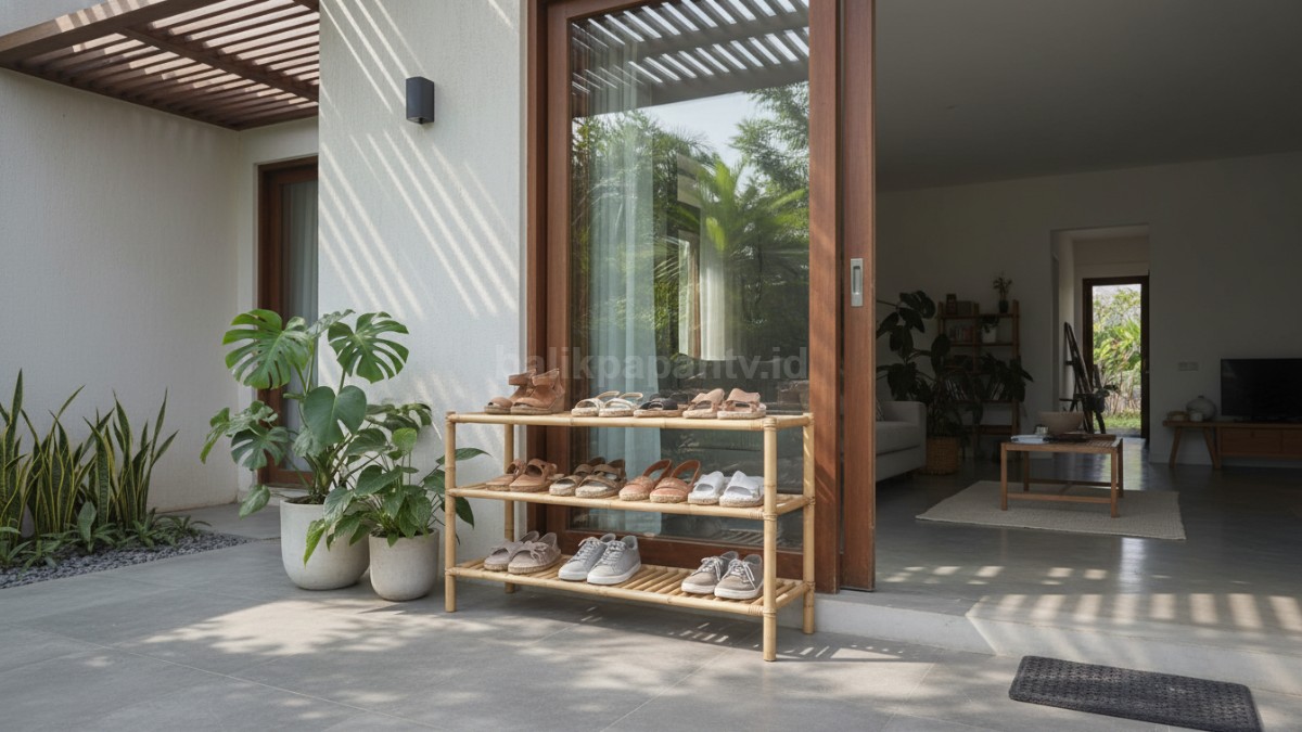 Rak sepatu bambu minimalis di teras rumah, tampil alami dan rapi dengan desain sederhana yang estetik 