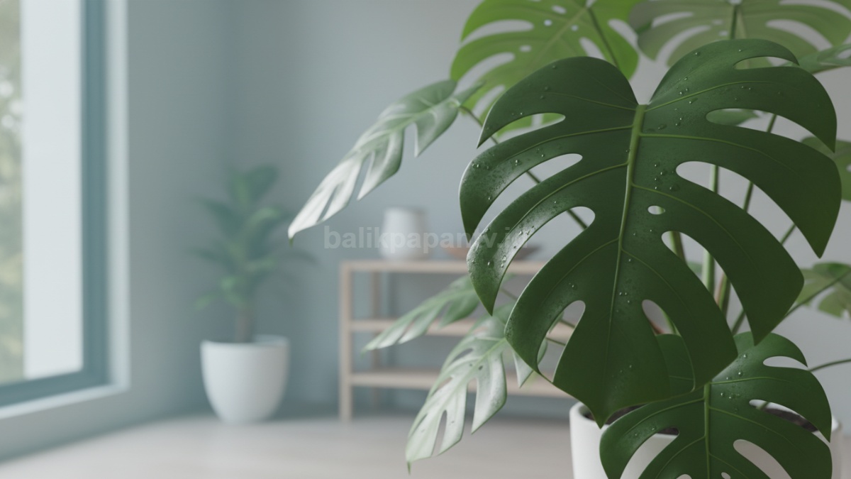 Close-up daun tanaman menyerap udara di dalam ruangan