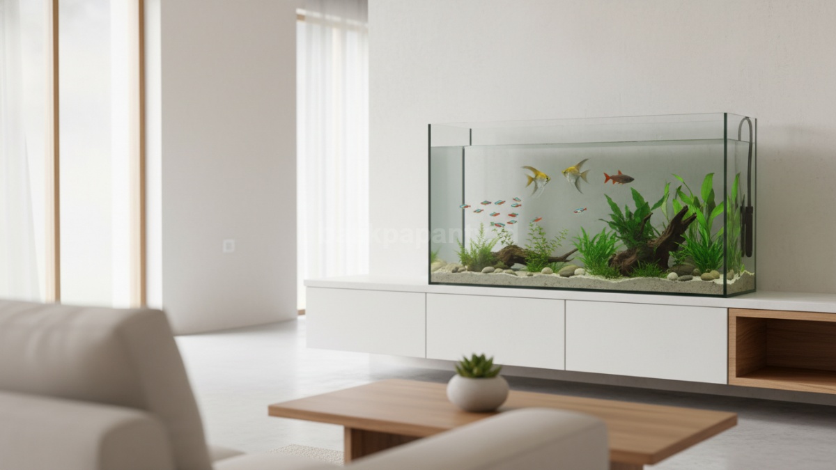 Aquarium bersih dengan air jernih dan ikan sehat, hasil perawatan rutin yang tepat di rumah 