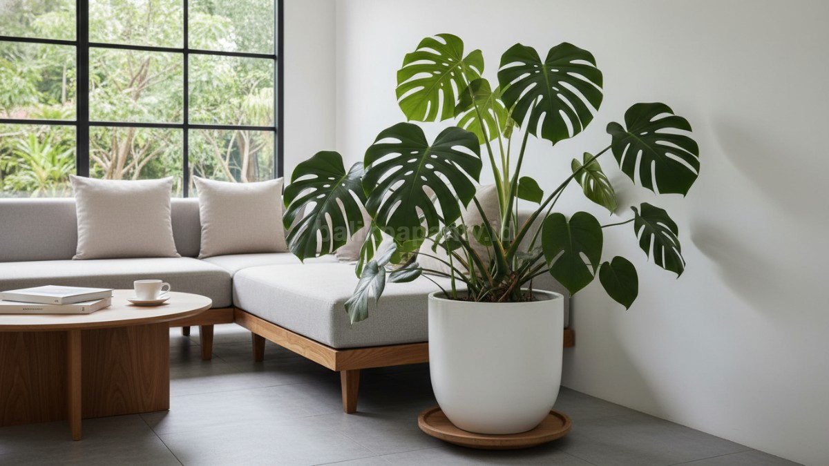 Sudut ruang tamu minimalis dengan tanaman monstera besar, tampilan estetik sederhana tapi elegan