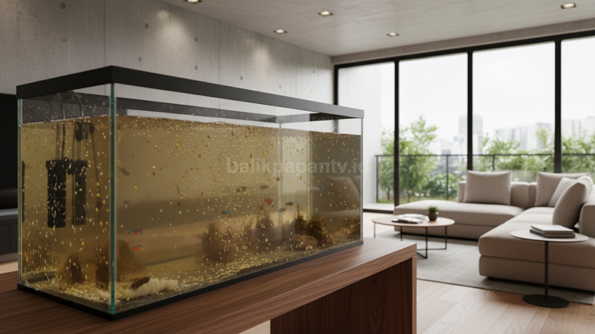 Aquarium keruh akibat sisa pakan dan filter kurang optimal 