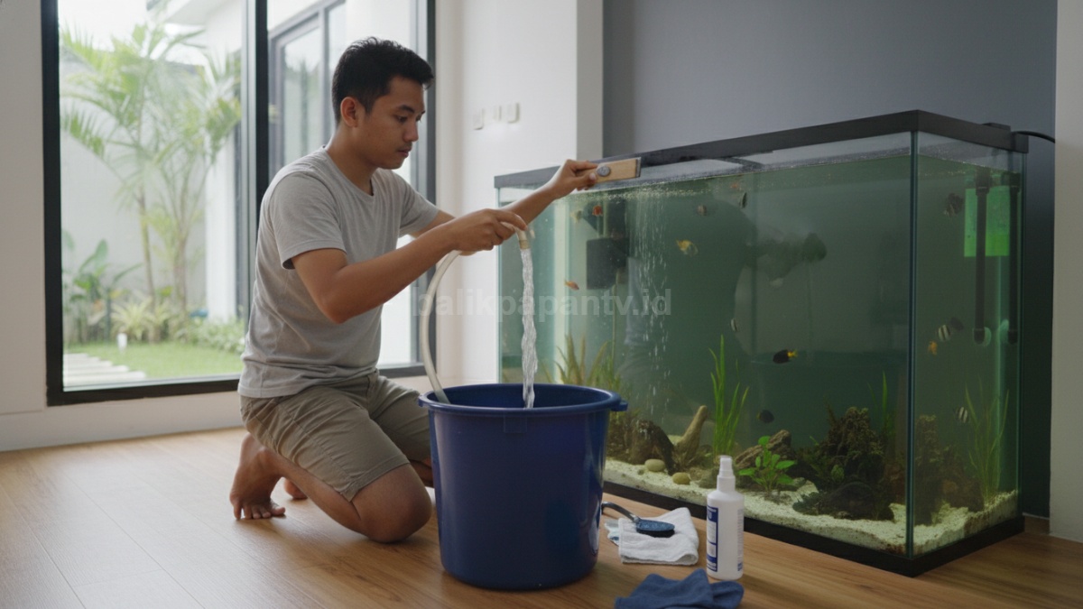 Proses membersihkan aquarium dengan siphon dan alat sederhana 