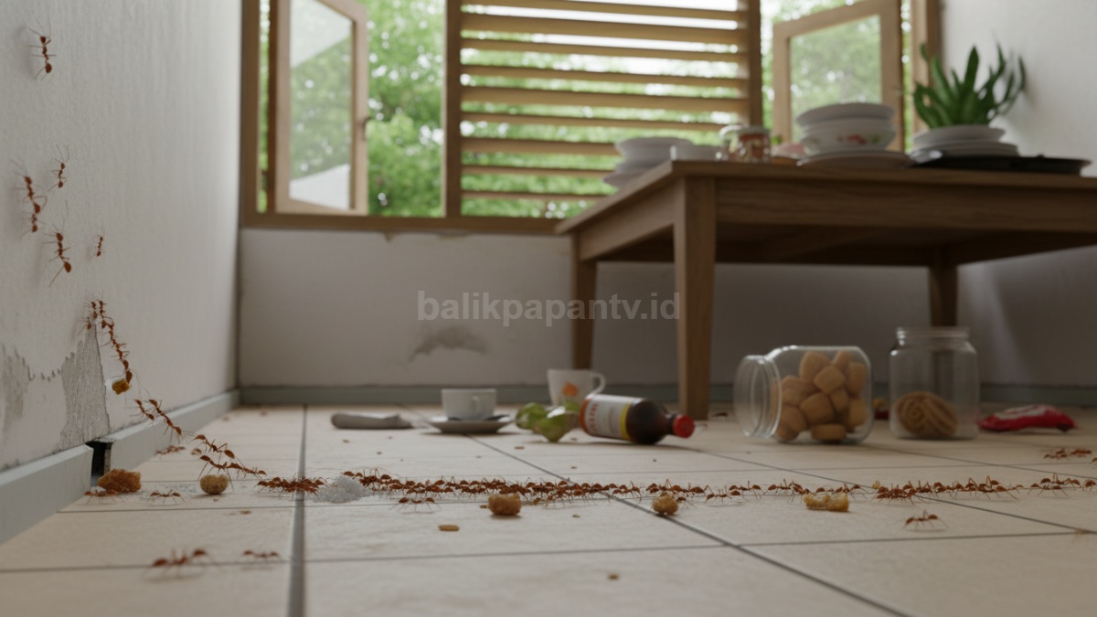Aktivitas semut rangrang berbaris di dapur rumah tropis dekat sisa makanan, menggambarkan masalah umum di rumah Indonesia