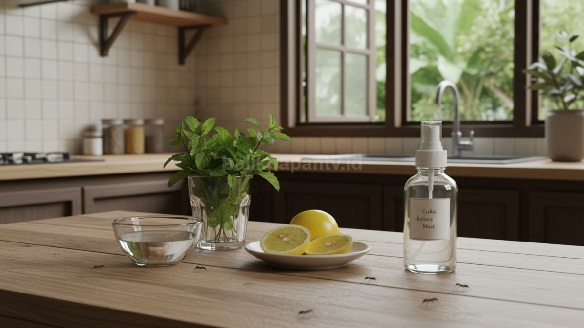 Susunan bahan alami seperti cuka, irisan lemon, daun mint di meja dapur sebagai solusi pengusir semut