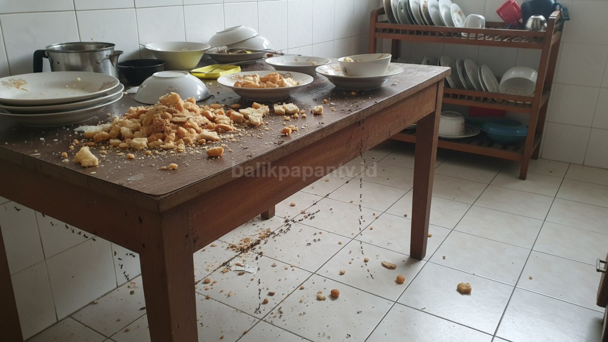 Dapur dengan remah makanan terbuka di meja dan lantai, memperlihatkan kondisi yang sering memicu semut datang kembali