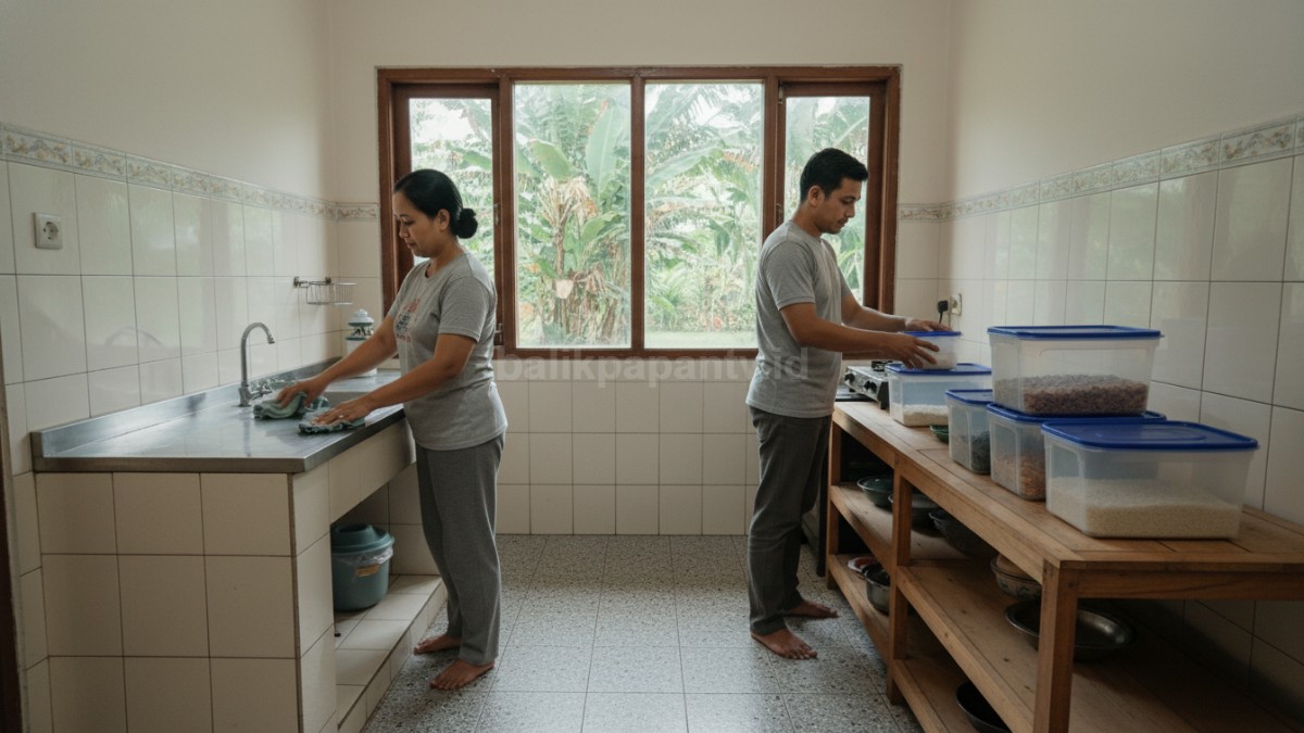 Aktivitas membersihkan dapur dan menyimpan makanan dalam wadah tertutup rapat sebagai langkah pencegahan
