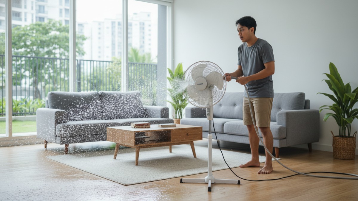 Contoh kesalahan menyemprot kipas dengan air langsung 