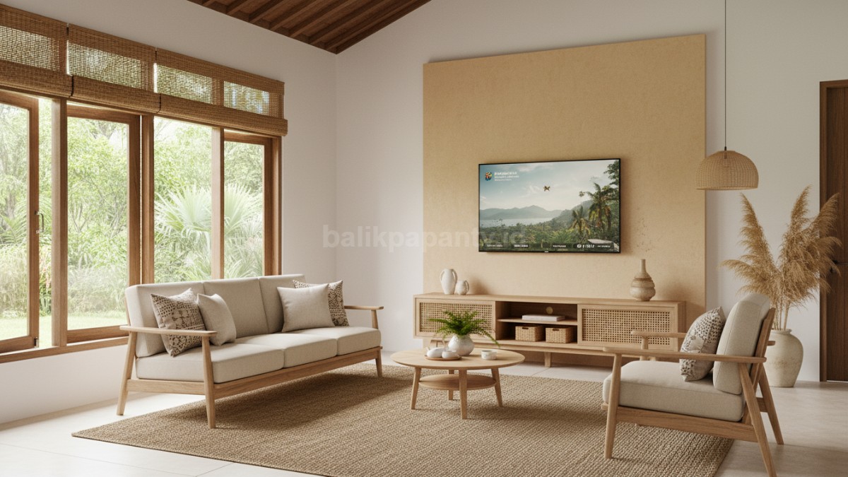 Ruang tamu rumah desa dengan konsep minimalis, TV besar di dinding jadi pusat perhatian, sofa sederhana menghadap layar