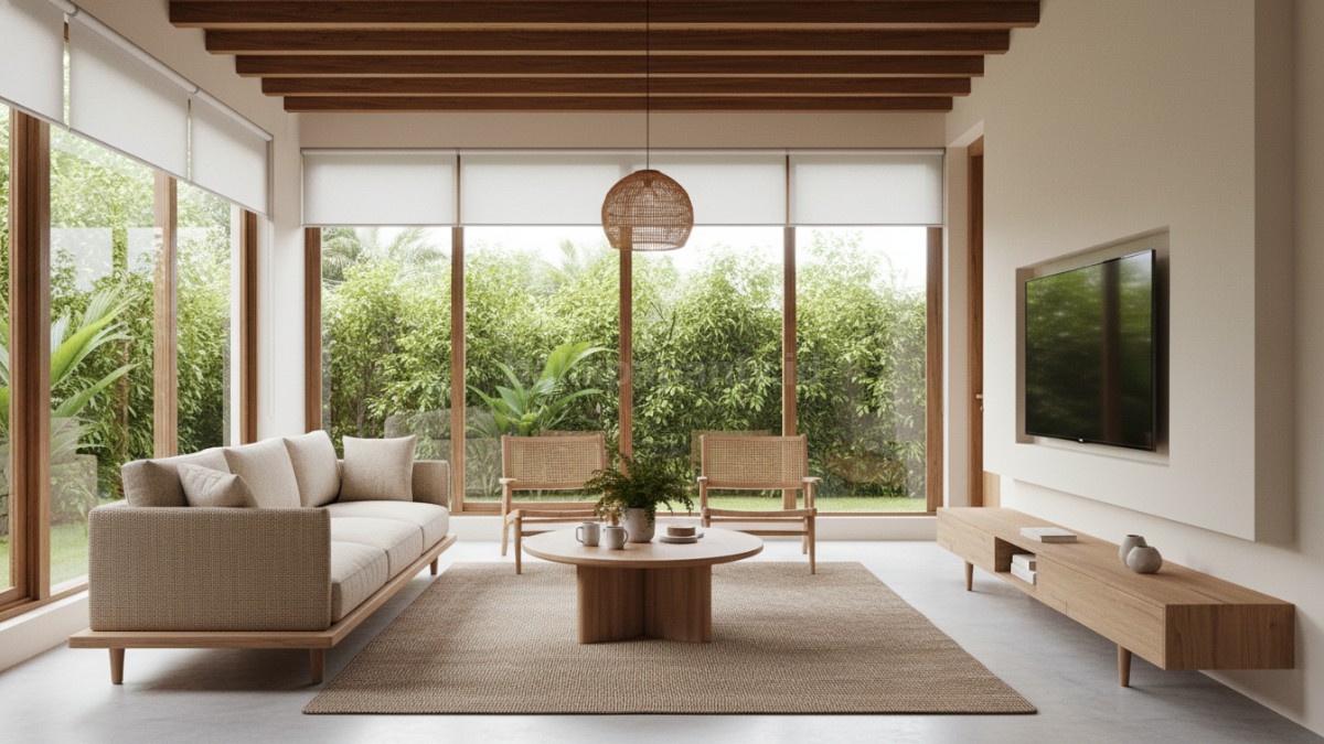Beberapa contoh gaya ruang tamu minimalis seperti natural kayu, skandinavia terang, dan modern simpel dengan TV besar sebagai fokus