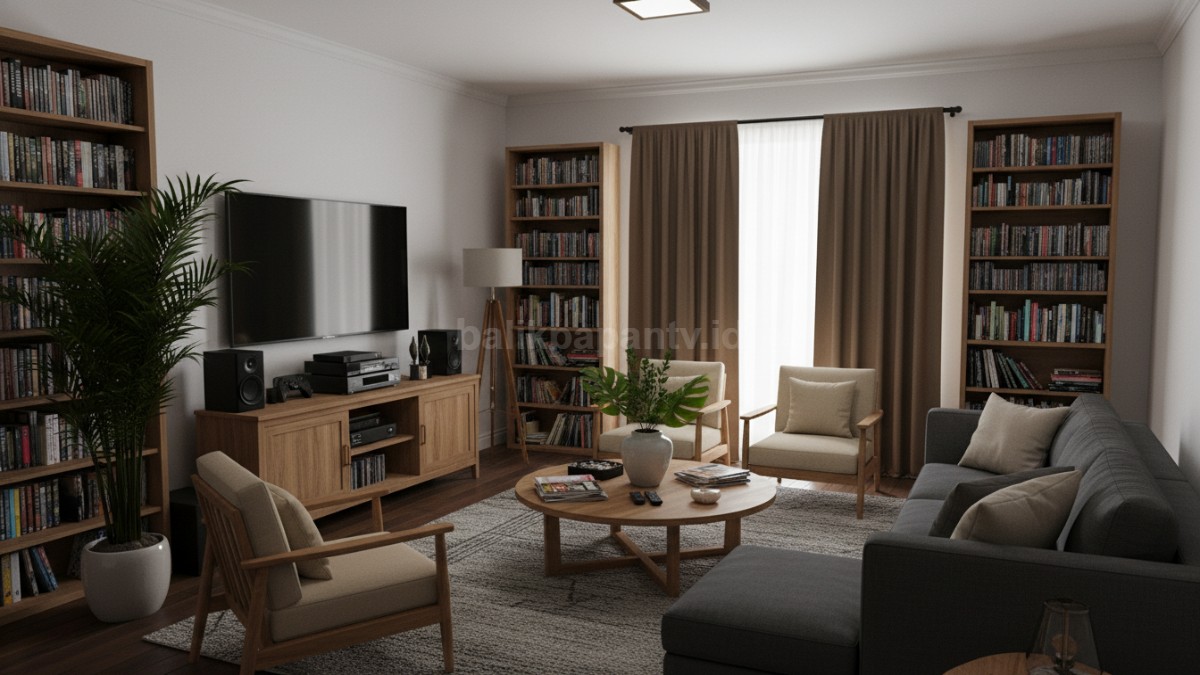 Ruang tamu terlihat penuh dengan furnitur berlebihan dan TV besar membuat ruangan terasa sempit
