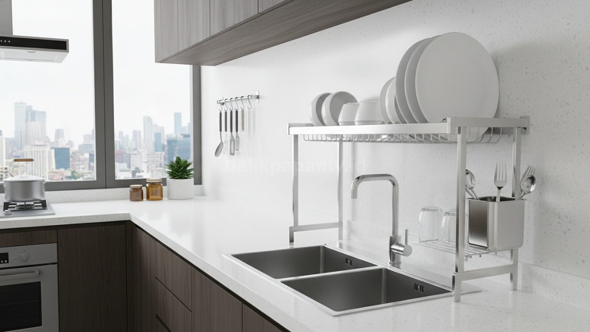 Rak piring minimalis stainless steel di dapur modern, solusi hemat ruang yang bikin dapur terlihat rapi dan bersih