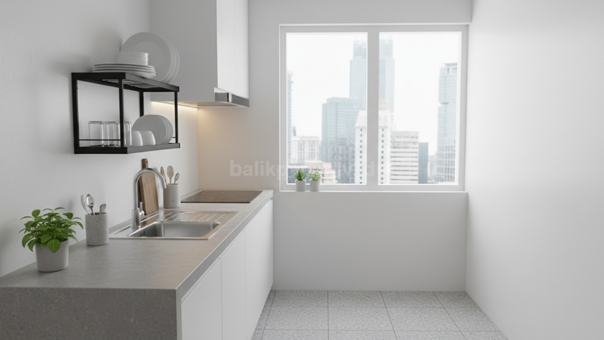 Rak piring minimalis di dapur kecil, contoh penataan ruang yang efisien dan praktis