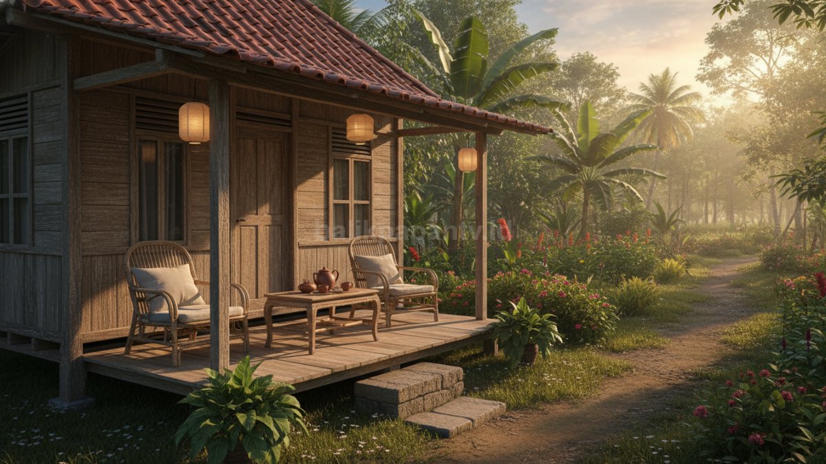 Rumah desa ukuran kecil dengan teras depan sederhana, terlihat ada kursi santai dan suasana hangat sebagai ruang kumpul keluarga