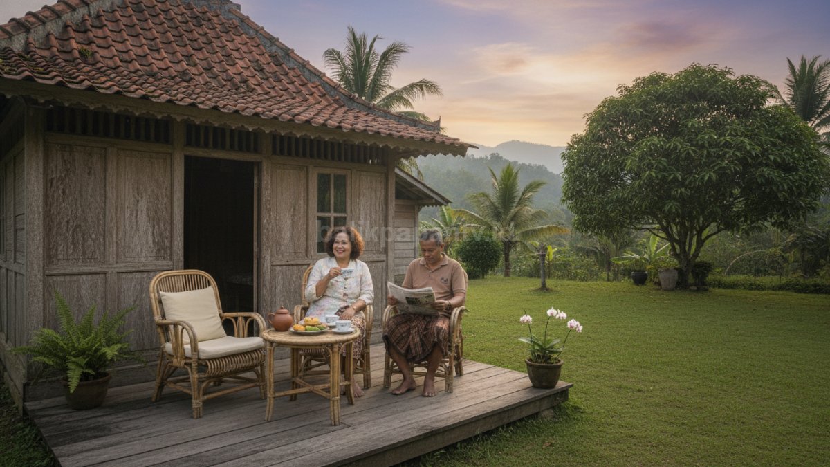 Teras rumah kecil digunakan untuk duduk santai sore hari, terlihat aktivitas ringan seperti minum teh dan menikmati udara terbuka