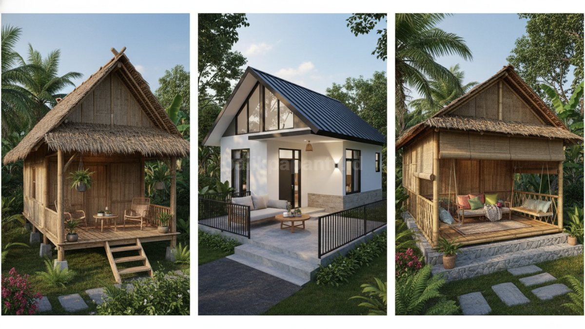 Kolase beberapa model rumah desa kecil seperti rumah panggung, minimalis, dan semi terbuka dengan teras sebagai fokus utama
