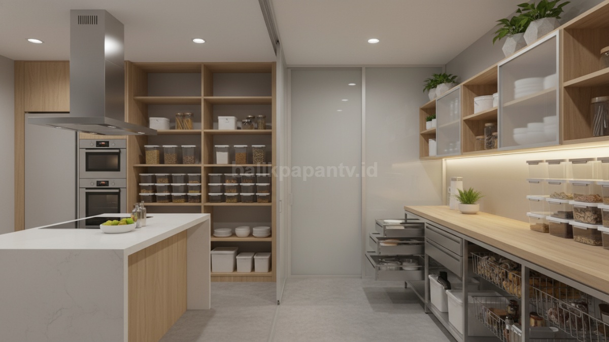 Gudang dalam rumah dekat dapur dengan penataan rapi dan fungsional