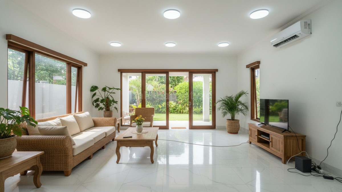 Interior rumah dengan lampu aktif di siang hari dan AC menyala meski ruangan tidak digunakan &mdash; contoh kebiasaan boros energi