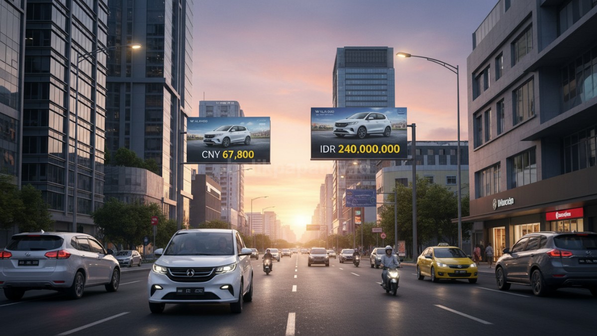 Mobil Wuling di jalan perkotaan, menggambarkan perbedaan harga pasar Cina dan Indonesia