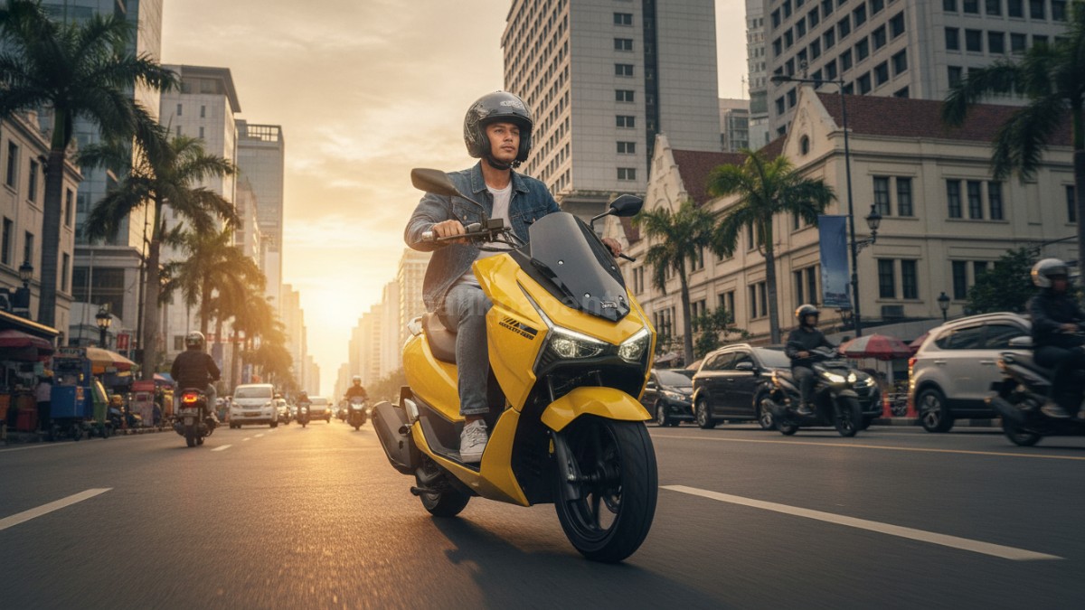 Skutik WMoto Letbe Island 160 dengan desain modern dan dek rata, tampil beda di jalanan kota.