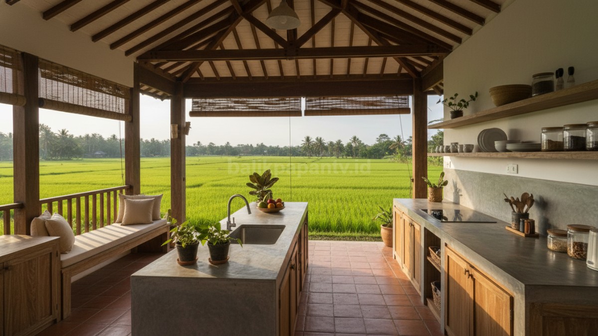 Dapur dirumah pedesaan dengan pemandangan sawah