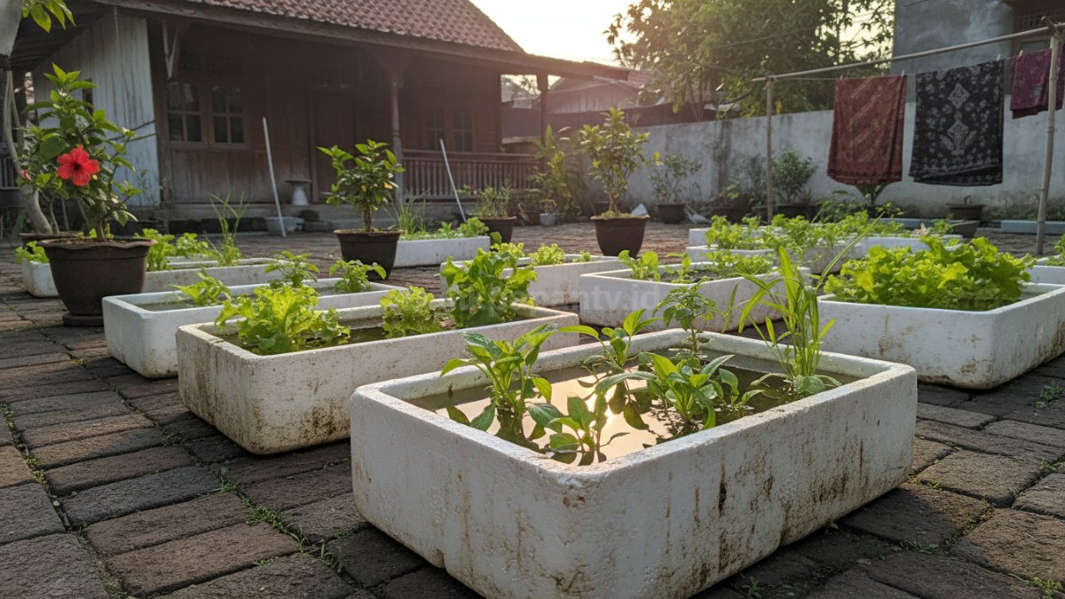 Styrofoam bekas digunakan sebagai wadah tanaman hidroponik sederhana di halaman rumah.