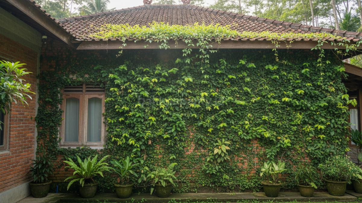 Dinding rumah yang awalnya kosong berubah tertutup tanaman rambat hijau rapi mengikuti arah rambatan alami