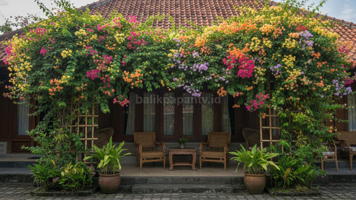 Kombinasi tanaman rambat berbunga warna cerah dengan daun hijau menghasilkan tampilan berlapis dan estetik