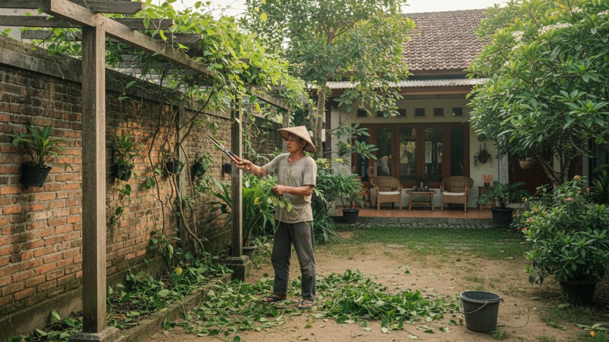 Proses merapikan tanaman rambat dengan pemangkasan rutin agar pertumbuhan terkontrol dan tidak semrawut